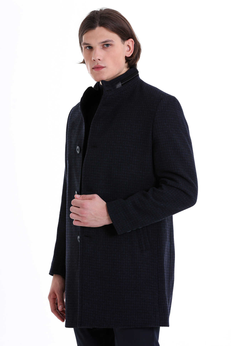 Lacivert Slim Fit Hakim Yaka Yünlü Kaşe Palto - HTML