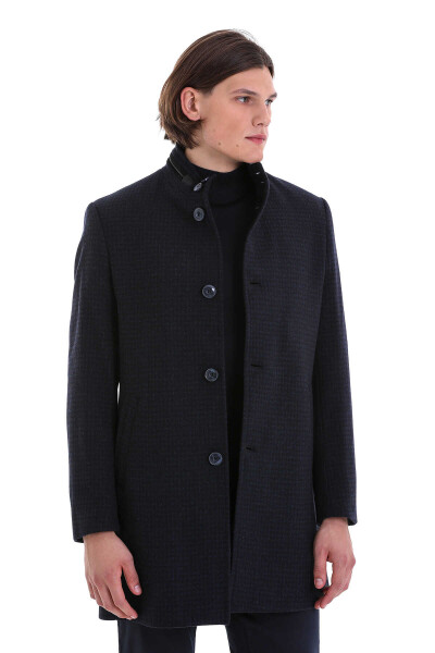 Lacivert Slim Fit Hakim Yaka Yünlü Kaşe Palto - 3