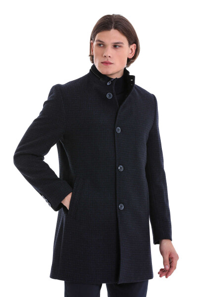 Lacivert Slim Fit Hakim Yaka Yünlü Kaşe Palto - 4
