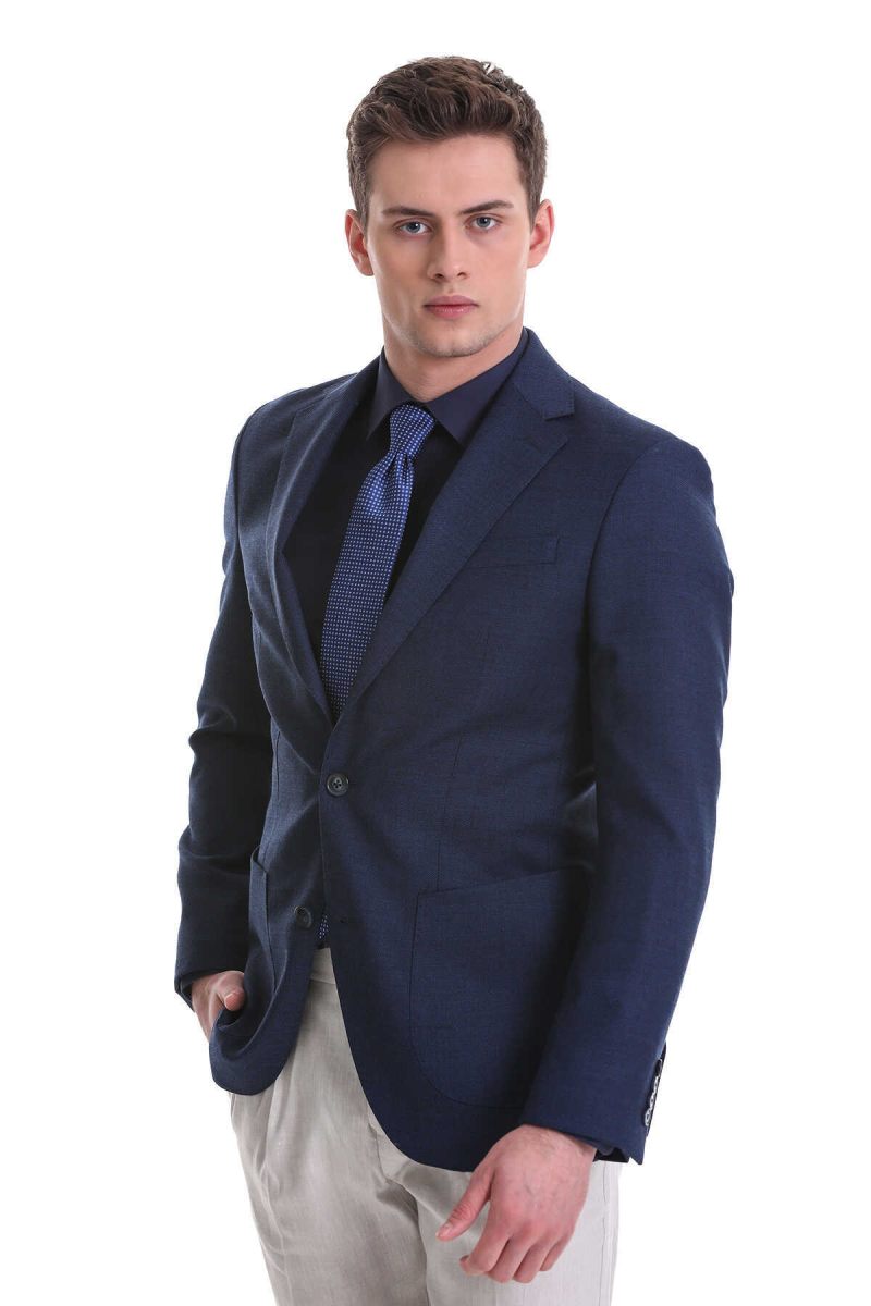 Lacivert Slim Fit Mono Yaka Klasik Ceket - Hatem Saykı (1)