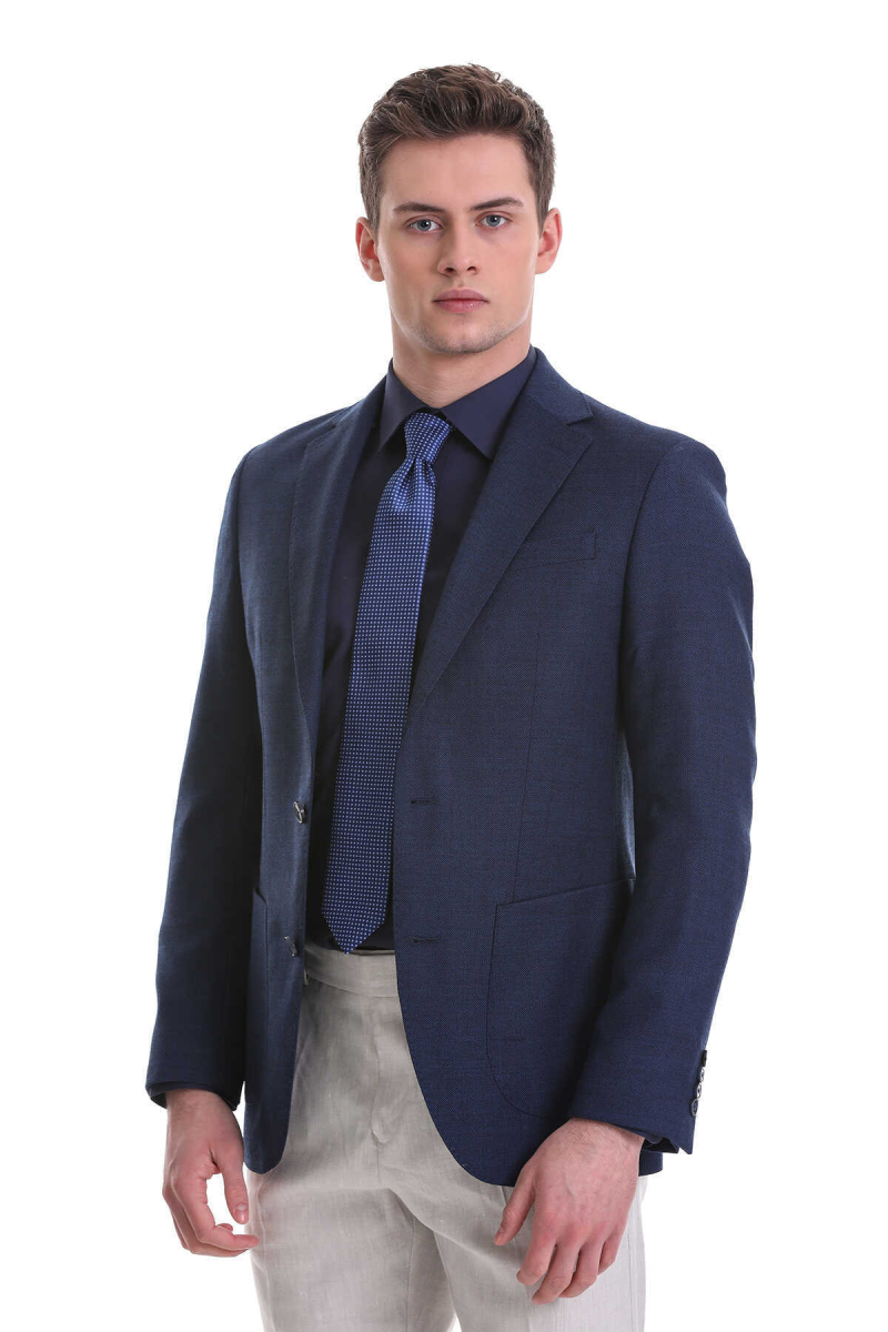 Lacivert Slim Fit Mono Yaka Klasik Ceket - Hatem Saykı