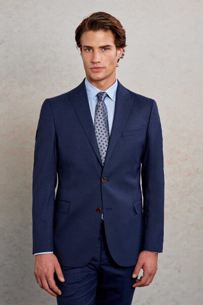 Lacivert Slim Fit Desenli Sivri Yaka Klasik Takım Elbise - 2