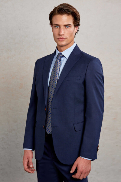 Lacivert Slim Fit Desenli Sivri Yaka Klasik Takım Elbise - 5