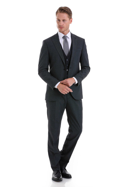 Lacivert Slim Fit Desenli Sivri Yaka Klasik Takım Elbise - 1