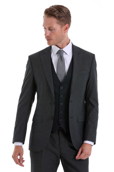 Lacivert Slim Fit Desenli Sivri Yaka Klasik Takım Elbise - 4