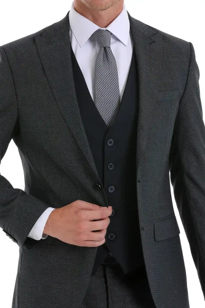 Lacivert Slim Fit Desenli Sivri Yaka Klasik Takım Elbise - 5