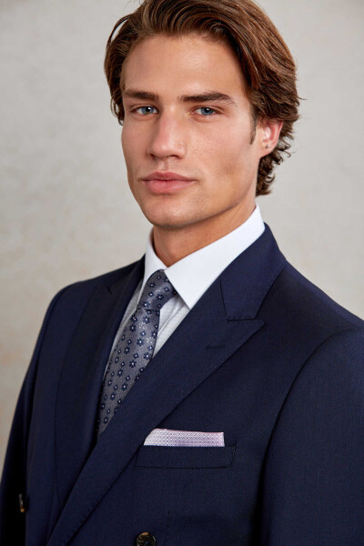 Lacivert Slim Fit Desenli Sivri Yaka Klasik Takım Elbise - 6