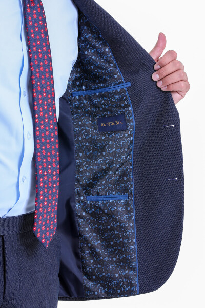 Lacivert Slim Fit Desenli Sivri Yaka Klasik Takım Elbise - 9