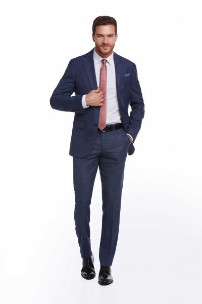 Lacivert Slim Fit Desenli Mono Yaka Klasik Takım Elbise - 3