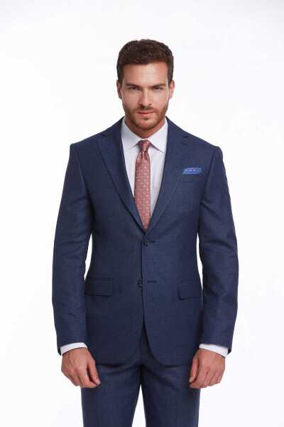 Lacivert Slim Fit Desenli Mono Yaka Klasik Takım Elbise - 9