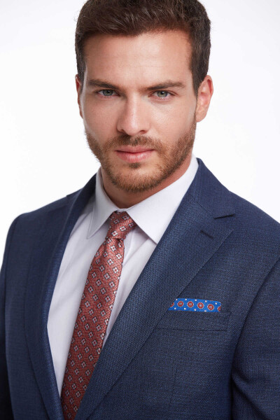 Lacivert Slim Fit Desenli Mono Yaka Klasik Takım Elbise - 17