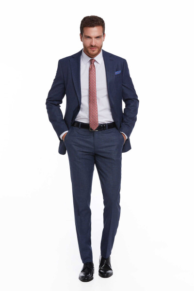 Lacivert Slim Fit Desenli Mono Yaka Klasik Takım Elbise - 6