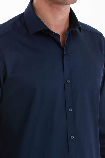 Lacivert Slim Fit 100% Pamuk Açık İtalyan Yaka Uzun Kollu Saten Gömlek - 5