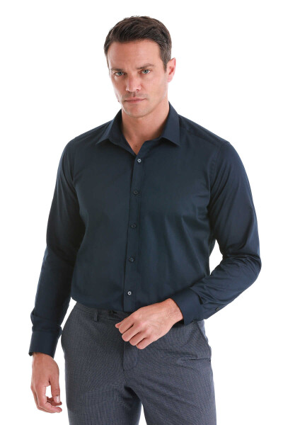Lacivert Slim Fit 100% Pamuk Slim Yaka Uzun Kollu Saten Gömlek - 1