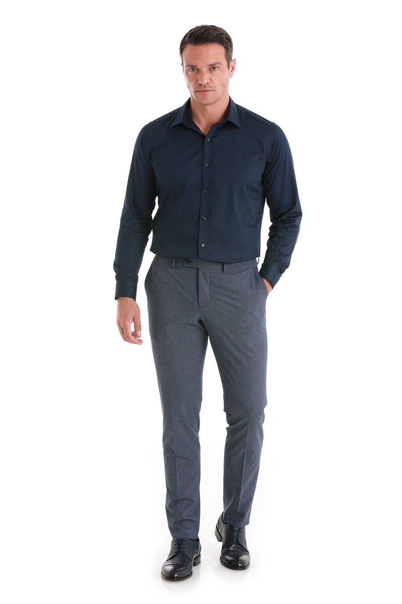 Lacivert Slim Fit 100% Pamuk Slim Yaka Uzun Kollu Saten Gömlek - Hatem Saykı (1)