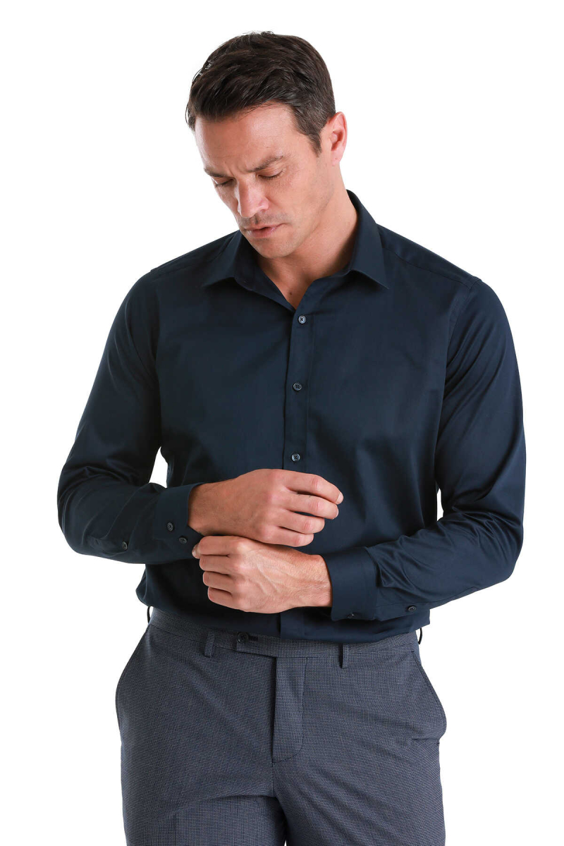 Lacivert Slim Fit 100% Pamuk Slim Yaka Uzun Kollu Saten Gömlek - Hatem Saykı (1)