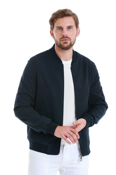 Lacivert Slim Fit Dik Yaka Basic Mevsimlik Mont - Hatem Saykı