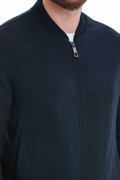 Lacivert Slim Fit Dik Yaka Basic Mevsimlik Mont - 5