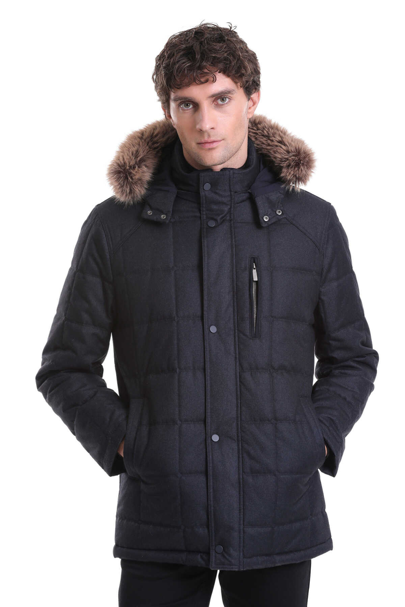 Lacivert Slim Fit Hakim Yaka Kürklü Kapüşonlu Kaban - Hatem Saykı