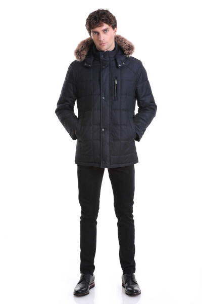 Lacivert Slim Fit Hakim Yaka Kürklü Kapüşonlu Kaban - 2