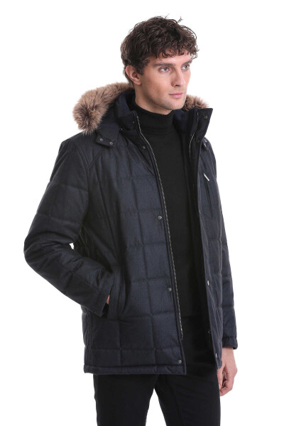 Lacivert Slim Fit Hakim Yaka Kürklü Kapüşonlu Kaban - 4