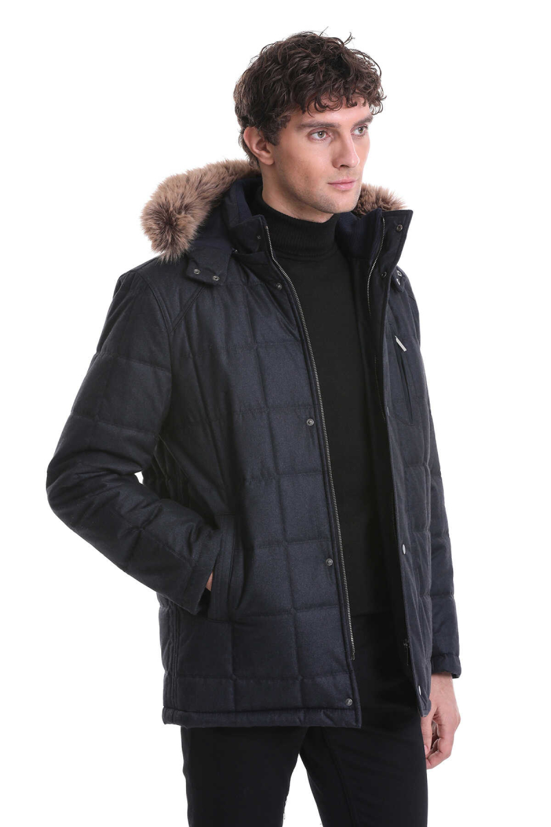 Lacivert Slim Fit Hakim Yaka Kürklü Kapüşonlu Kaban - Hatem Saykı (1)