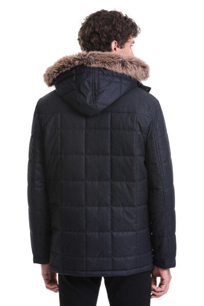 Lacivert Slim Fit Hakim Yaka Kürklü Kapüşonlu Kaban - 7