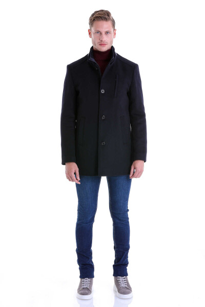 Lacivert Slim Fit Hakim Yaka İçlikli Yün Palto - 5