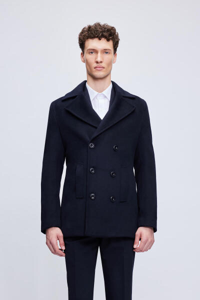 Lacivert Slim Fit Kruvaze Kaşe Kaban - 2