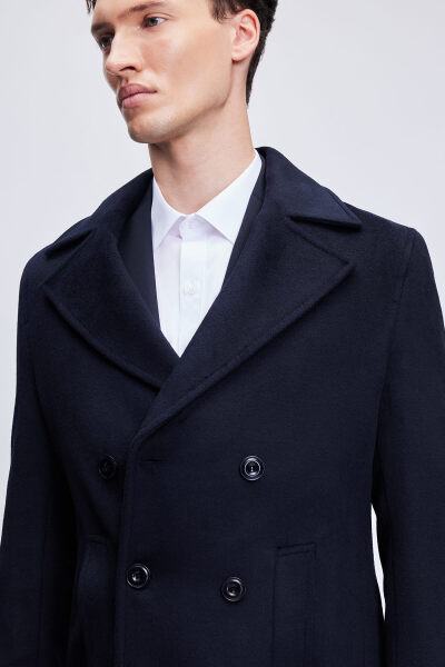 Lacivert Slim Fit Kruvaze Kaşe Kaban - 5