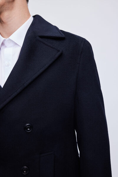 Lacivert Slim Fit Kruvaze Kaşe Kaban - 6