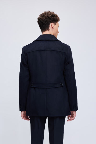 Lacivert Slim Fit Kruvaze Kaşe Kaban - 7