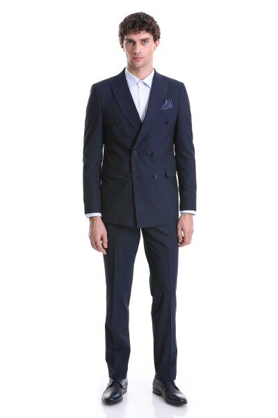 Lacivert Slim Fit Kruvaze Klasik Takım Elbise - 1