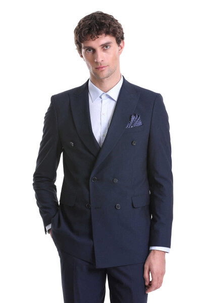 Lacivert Slim Fit Kruvaze Klasik Takım Elbise - 2