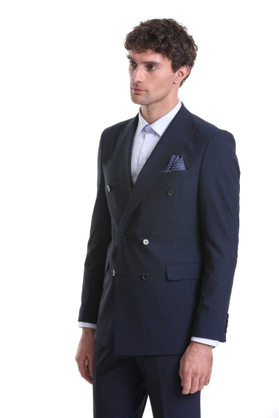 Lacivert Slim Fit Kruvaze Klasik Takım Elbise - 3