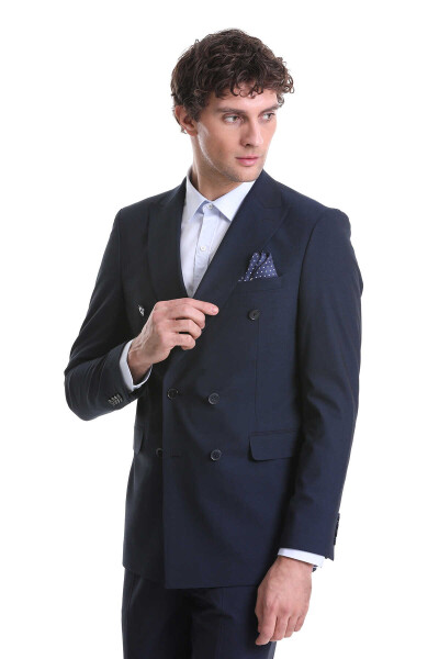 Lacivert Slim Fit Kruvaze Klasik Takım Elbise - 4