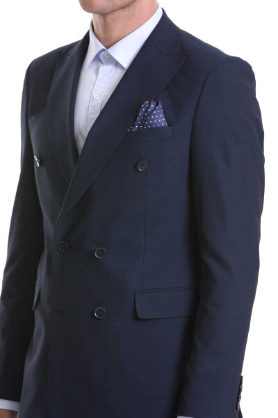 Lacivert Slim Fit Kruvaze Klasik Takım Elbise - 6