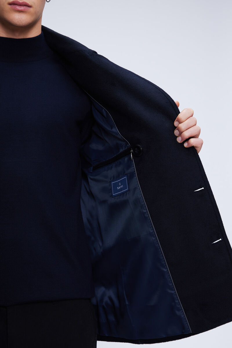 Lacivert Slim Fit Düz Kruvaze Yünlü Kaşe Kaban - Hatemoğlu (1)