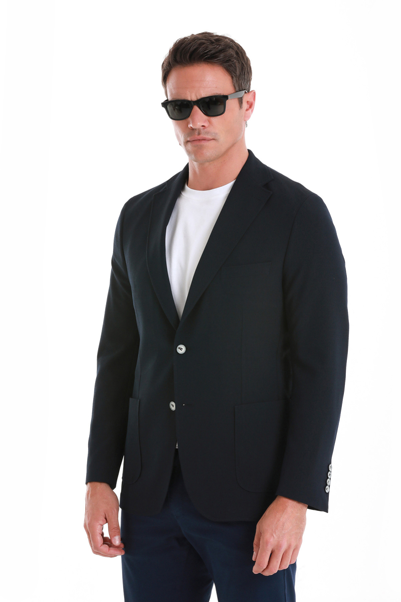 Lacivert Slim Fit Mono Yaka Casual Ceket - HTML