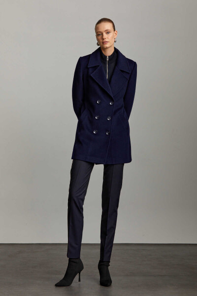 Saykı Woman Lacivert Kruvaze Yünlü Kaşe Manto - 2