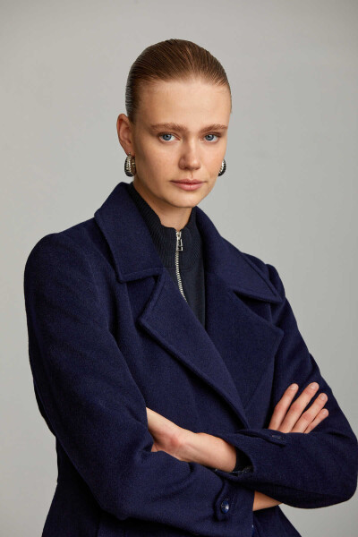 Saykı Woman Lacivert Kruvaze Yünlü Kaşe Manto - 6