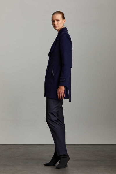 Saykı Woman Lacivert Kruvaze Yünlü Kaşe Manto - 7