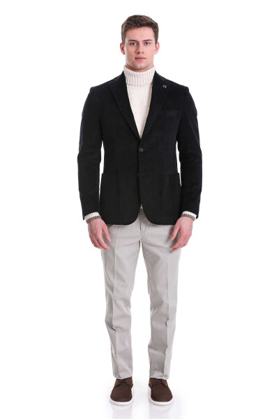 Lacivert Slim Fit Düz Mono Yaka Pamuklu Kadife Ceket - 2