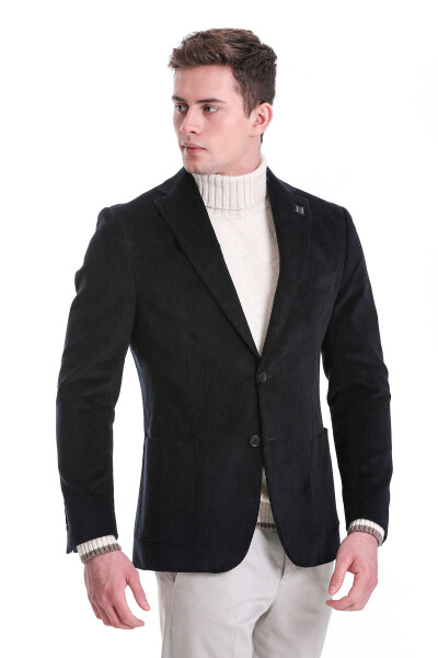 Lacivert Slim Fit Düz Mono Yaka Pamuklu Kadife Ceket - 3