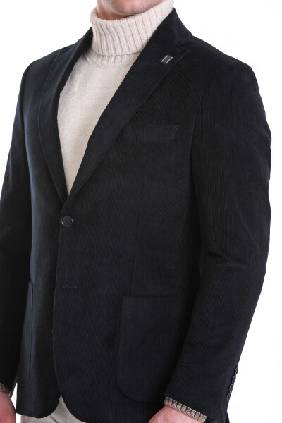 Lacivert Slim Fit Düz Mono Yaka Pamuklu Kadife Ceket - 4