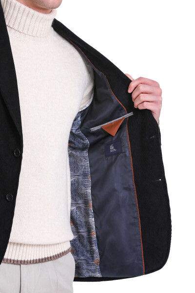 Lacivert Slim Fit Düz Mono Yaka Pamuklu Kadife Ceket - 5