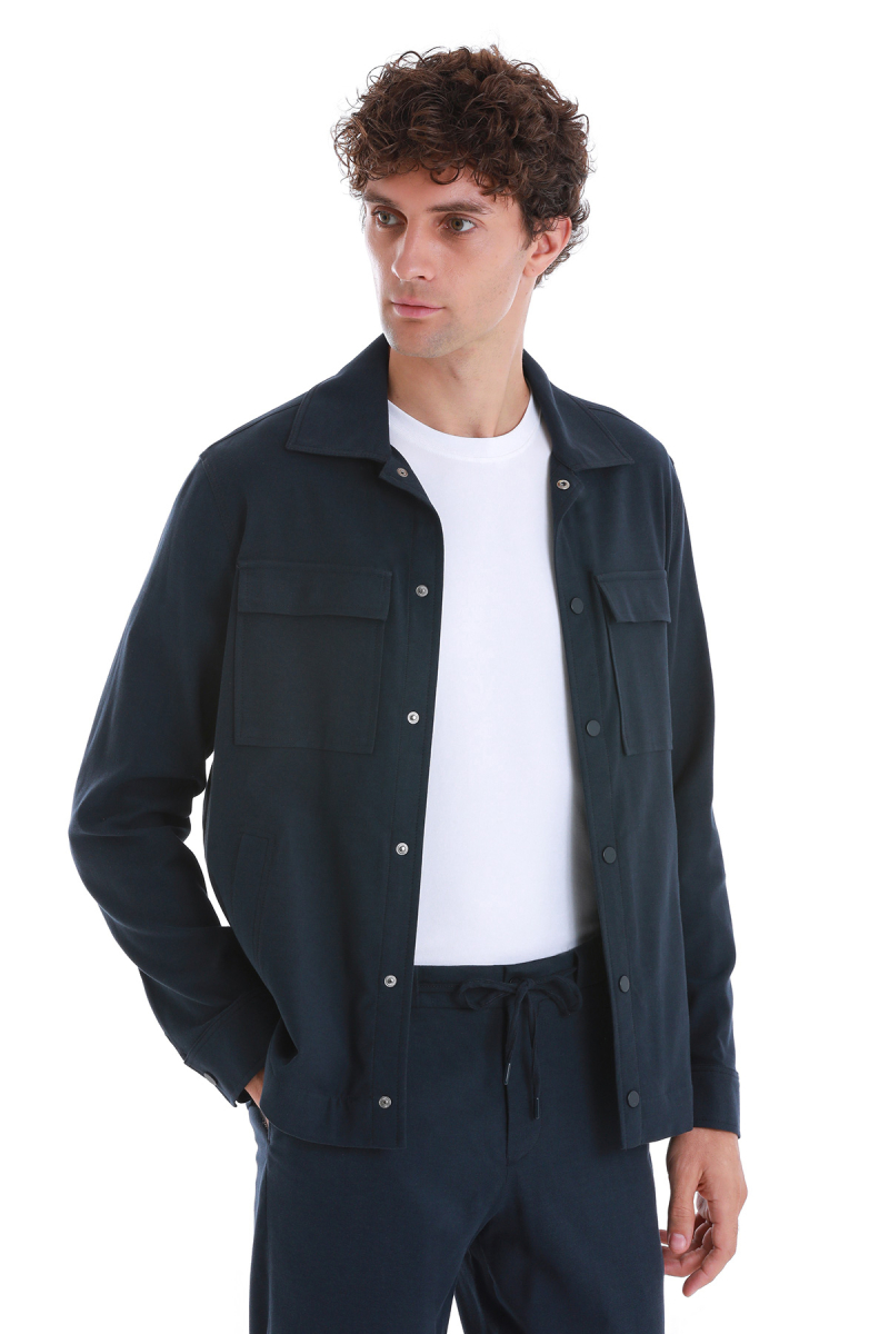 Lacivert Slim Fit Mono Yaka Pamuklu Overshirt Takım - Hatem Saykı (1)