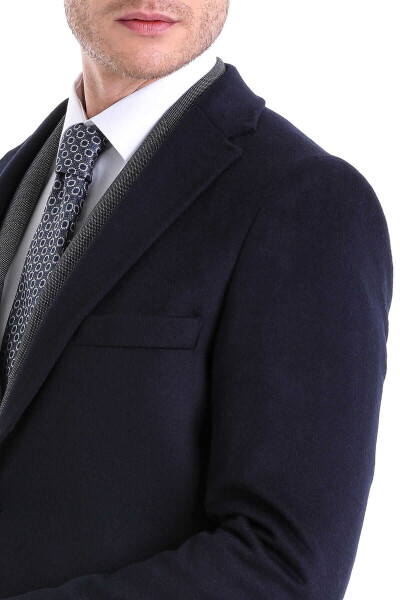 Lacivert Slim Fit Mono Yaka Yünlü Kaşe Palto - 5