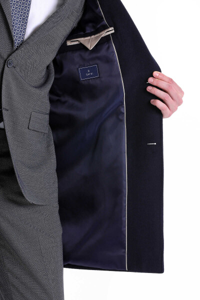 Lacivert Slim Fit Mono Yaka Yünlü Kaşe Palto - 6