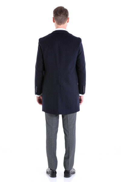 Lacivert Slim Fit Mono Yaka Yünlü Kaşe Palto - 7
